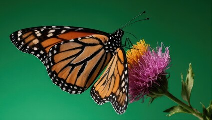 Fototapeta premium Monarch Butterfly on a Thistle Flower with Green Background.