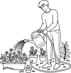 Man watering garden flowers in spring sunshine