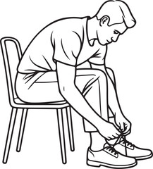 Line drawing of man tying shoe on chair