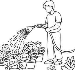 Watering flowers illustration, gardening activity