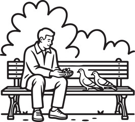 Man feeds pigeons on park bench line art style