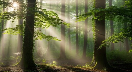 Sunbeams pierce lush green forest canopy illuminating the tranquil woodland path