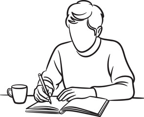 Focused student writing in notebook with coffee
