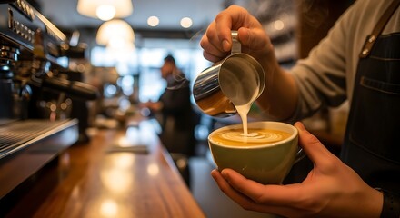 Barista carefully pours milk into a coffee cup in a warm cafe setting
