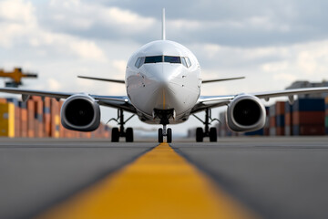 Aircraft prepares for takeoff, ready to fly into the sky. Its presence signifies transportation and the excitement of travel, symbolizing potential adventures.