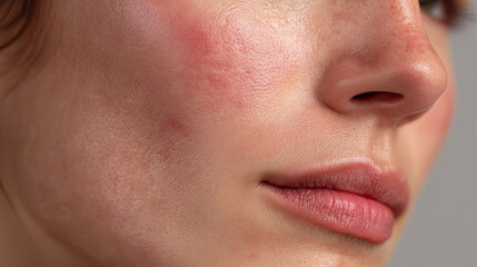 Fototapeta premium Close up of irritated skin on female face with redness and rosacea