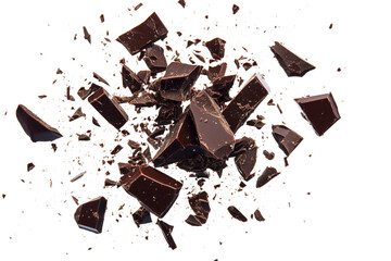 Dark chocolate pieces exploding isolated on a transparent background