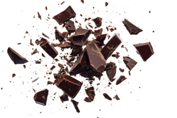 Dark chocolate pieces exploding isolated on a transparent background