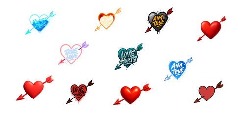 Set of colorful heart icons pierced by an arrow, love symbols with quotes for Valentine's Day