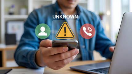 Worried man holding smartphone receiving unknown call with potential phishing or fraud risk from digital scam in modern office setting
