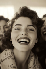 Sepia 1950s portrait of women laughing together, young women, group of friends, nostalgic, vintage, timeless, classic