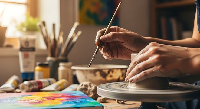 Artist hands shaping clay on pottery wheel with brushes and paints nearby in a sunlit studio