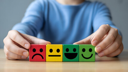 Assess customer experience levels with colorful feedback blocks showing happy, neutral, and sad faces for business surveys and satisfaction ratings