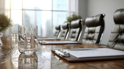 Empty conference room with chairs and a glass of water on the table
