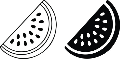 watermelon outline or line art illustration vector icon on transparent background. Black and white watermelon slice with seeds icon. Watermelon slice icon set. Vector illustration.