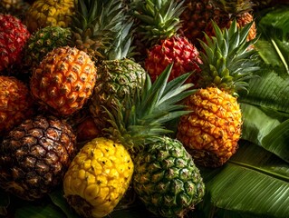 Fototapeta premium Top view of a vibrant pattern featuring fresh juicy slices of tropical fruits like pine and mango arranged randomly on a large leaf