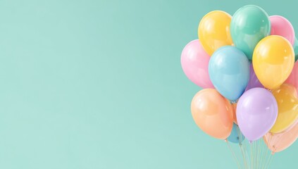 A cluster of pastel-colored balloons against a mint green background.