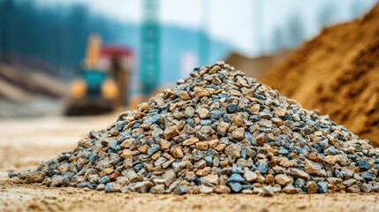 Pile of gravel at a construction site with machinery in the background