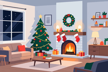 Cozy Christmas Living Room with Tree, Fireplace, and Night View