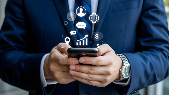 Sophisticated businessman using mobile app for financial growth and social connection, ideal for modern business marketing and technology promotions
