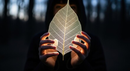 Person holding illuminated skeleton leaf in dark forest at dusk illuminated leaf hands holding leaf