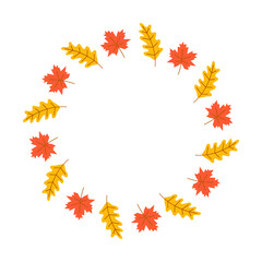 Cute hand drawn flat autumn maple and oak leaves composed in circle shape isolated on white background. Round frame with leaves.