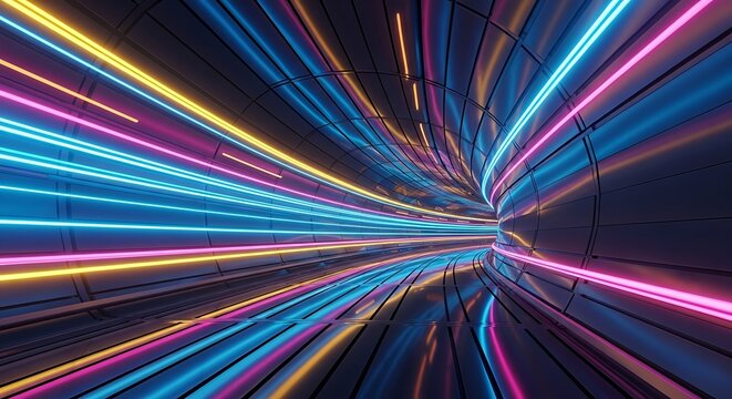 Dynamic Neon Light Streaks Converging in a Futuristic Tunnel, Abstract Motion.