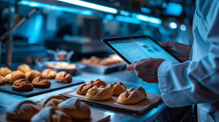 Over-the-shoulder view of a bakery manager monitoring a National Dessert Day order surge on a tablet in a busy kitchen office