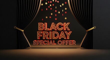 Black Friday promotional design featuring a neon 'Special Offer' sign on a stage with a black curtain and festive star confetti. Ideal for sales and promotions.
