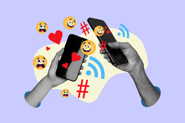 Banner zine sketch artwork collage of human hands hold phone device click like reaction popular...