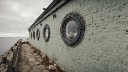 Portholes on a Building by the Sea on a Cloudy Day.