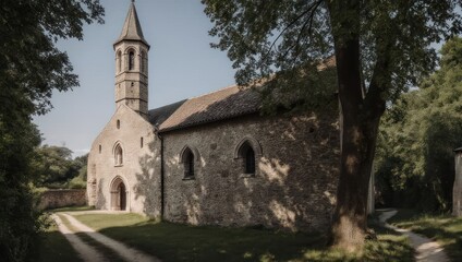 Fototapeta premium Picturesque Medieval Church in Rural Setting with Tower and Stone Walls.