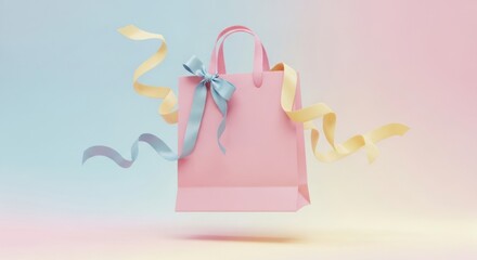 Pink shopping bag with blue bow and flowing ribbons against pastel gradient background gift bag present