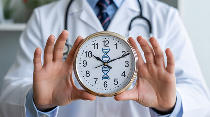 Urgent medical research concept with doctor holding clock showing DNA strand, emphasizing time sensitivity in healthcare advancements and genetic studies
