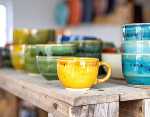 Colorful ceramic cup display: A vibrant array of colorful ceramic cups and bowls are artfully arranged on a rustic wooden shelf.