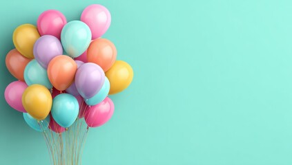 A vibrant cluster of pastel-colored balloons against a soft mint-green backdrop.