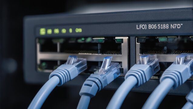 Network switch with connected ethernet cables in a server room. - Powered by Adobe
