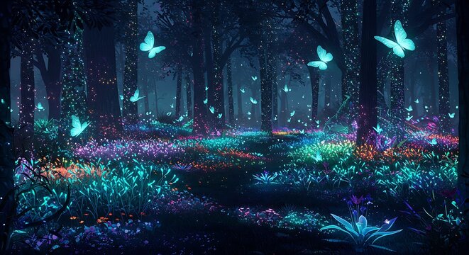 Enchanted Bioluminescent Forest with Glowing Butterflies and Mystical Flora.