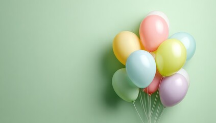 A cluster of pastel-colored balloons against a soft mint green backdrop creates a cheerful and joyful visual.