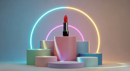 Red lipstick displayed on pastel podiums with neon light rings makeup beauty