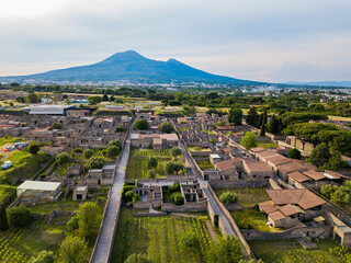 Pompeii, Italy - aerial view of the ruins of Pompeii with Mount Vesuvius in the background