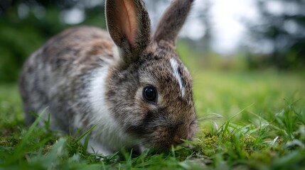 Fototapeta premium A detailed close up captures a brown and white rabbit with alert ears and dark eyes sniffing lush green grass in an outdoor meadow setting with soft