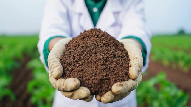 Close-up of Scientist Holding Rich Soil Sample in Agricultural Field under Clear Sky to Highlight Importance of Soil Health