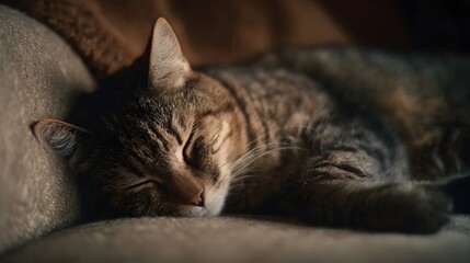A domestic tabby cat sleeps peacefully curled up on a soft sofa bathed in warm ambient light