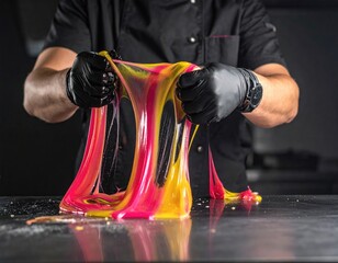 Artisan's Touch: A master confectioner, adorned in sleek black attire, expertly manipulates colorful taffy, transforming sugar into a mesmerizing artwork.
