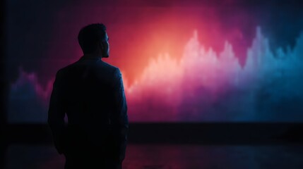 Silhouette of a businessman analyzing a vibrant abstract financial graph on a large screen