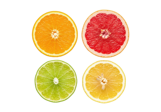 Four vibrant citrus fruit cross-sections (orange, grapefruit, lime, lemon), detailed pulp on transparent studio background, top-down, fresh fruit variety concept.