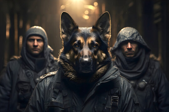 Special forces team with police dog in tactical gear in an urban environment during a mission