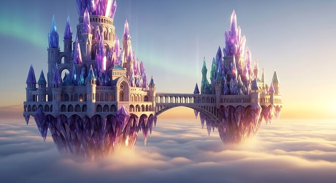 Enchanted Floating Crystal Castles Connected by Bridge Above Ethereal Clouds at Golden Dawn. - Powered by Adobe