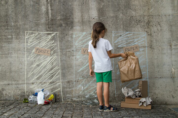 Six-year-old boy in environmental training separating papers for recycling
